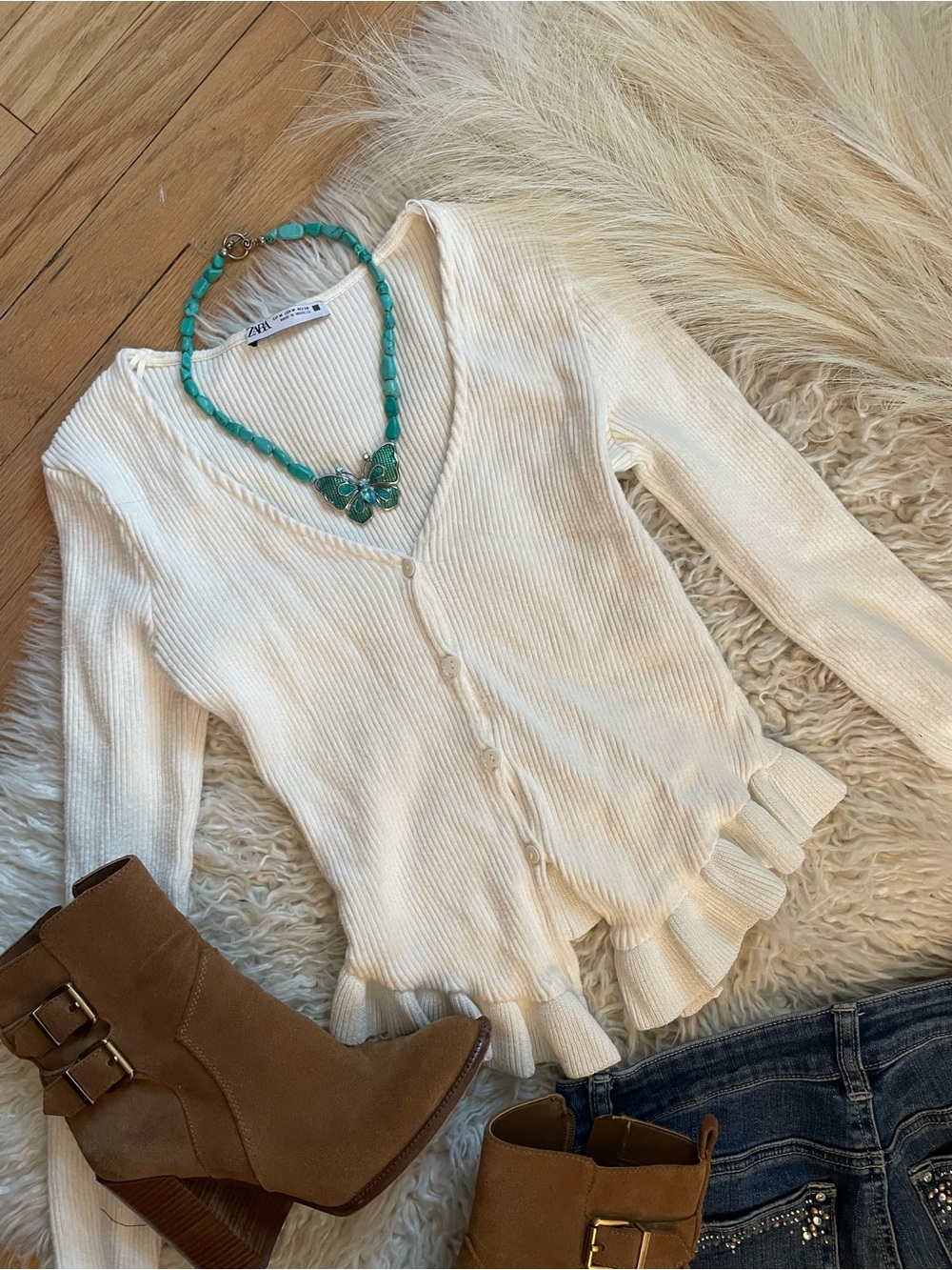 Zara Cream Ribbed V-Neck Cardigan with Ruffle Hem
